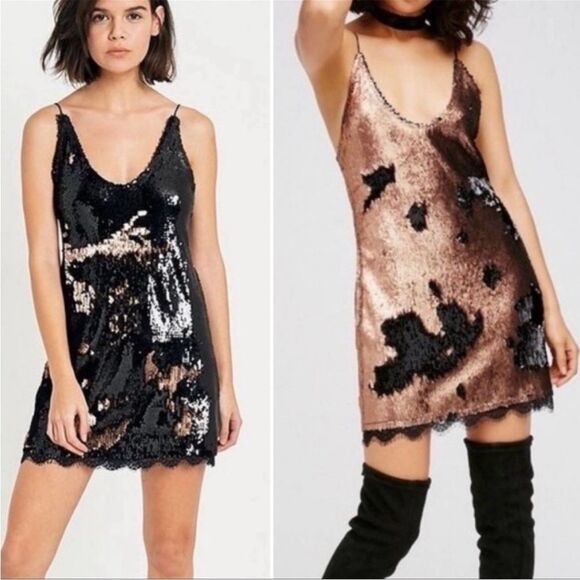 Free People Dresses & Skirts - Free People Seeing Double Sequin Slip Dress in Black and Rose Gold S NWOT